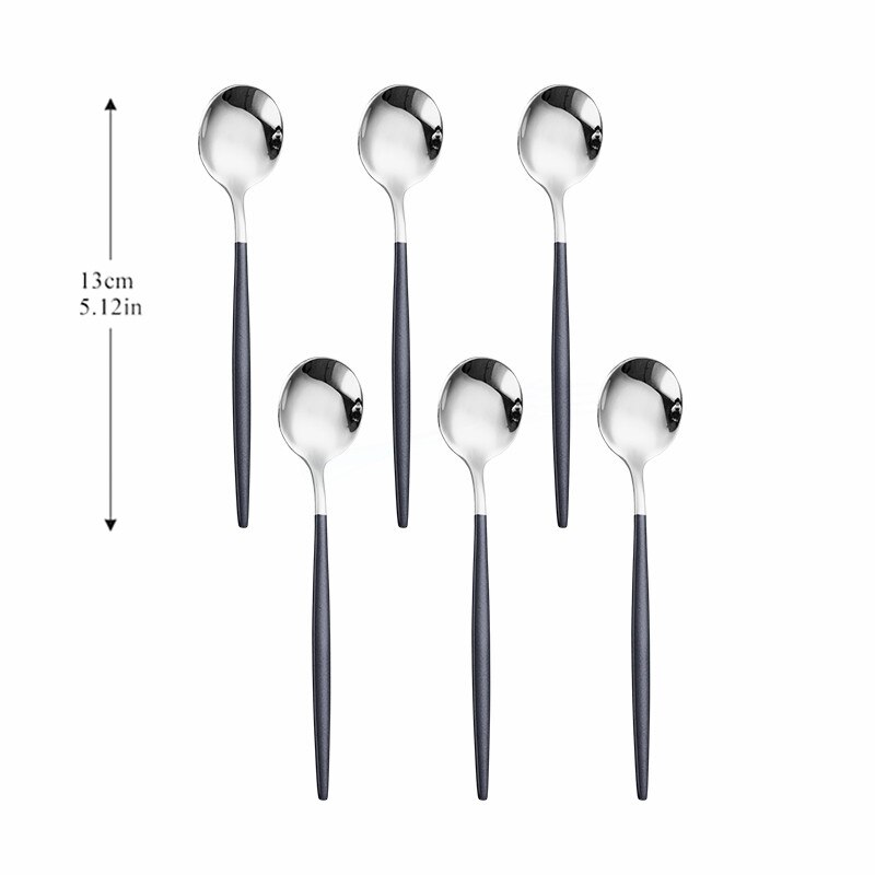 Spoon Silver Stainless Steel Cutlery Set 6pcs Tea Spoon Kitchen Complete Tableware Set Western Silverware Luxury Dinnerware Set: black silver 6pcs