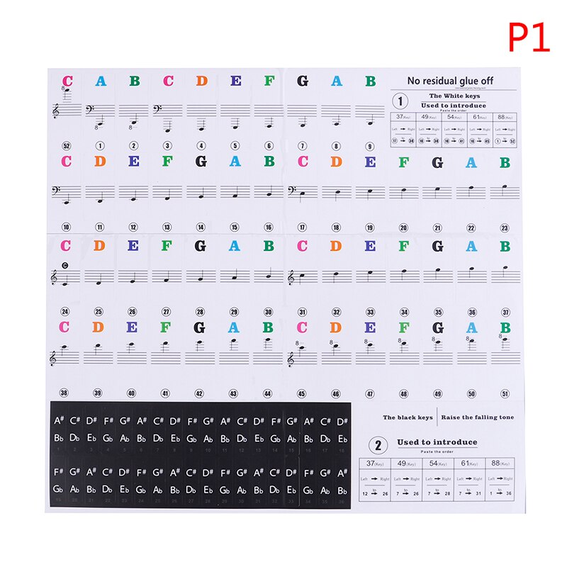 54 61 88 Zwart Gekleurde Transparante Piano Toetsenbord Stickers Elektronische Piano Stickers Stave Notatie Note Key Stickers: P1