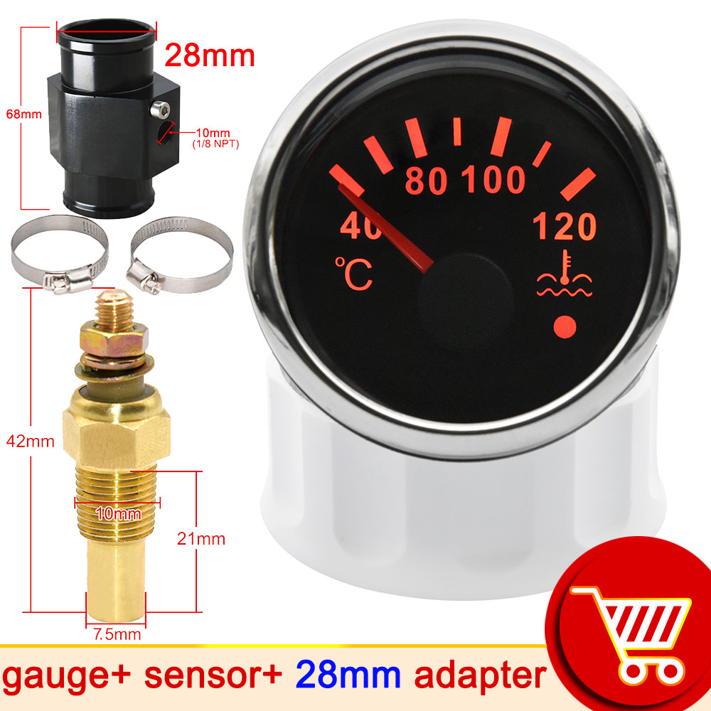 52mm Water Temp Gauge with Alarm Light 40-120℃ Truck Moto Car Temperature Sensor 10mm Water Coolant Temperature Sensors Adapter: 28mm Black adapter