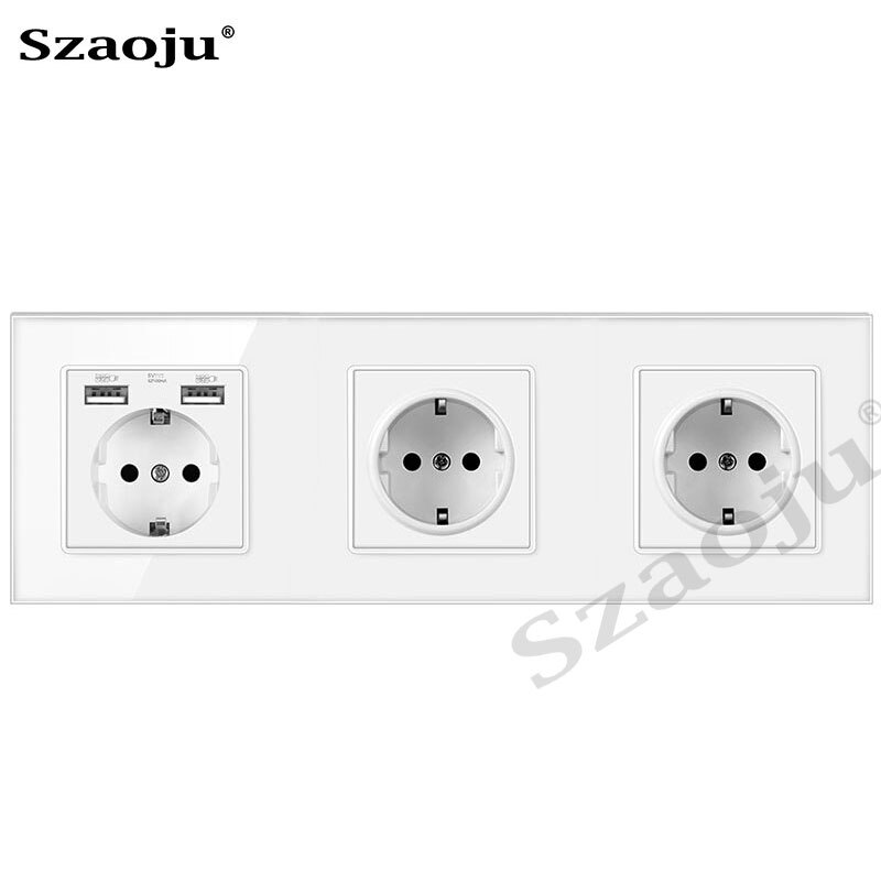Szaoju wall socket German standard 16A crystal tempered glass panel socket Siamese power socket with USB charging AC110-250V: German USB 2jack