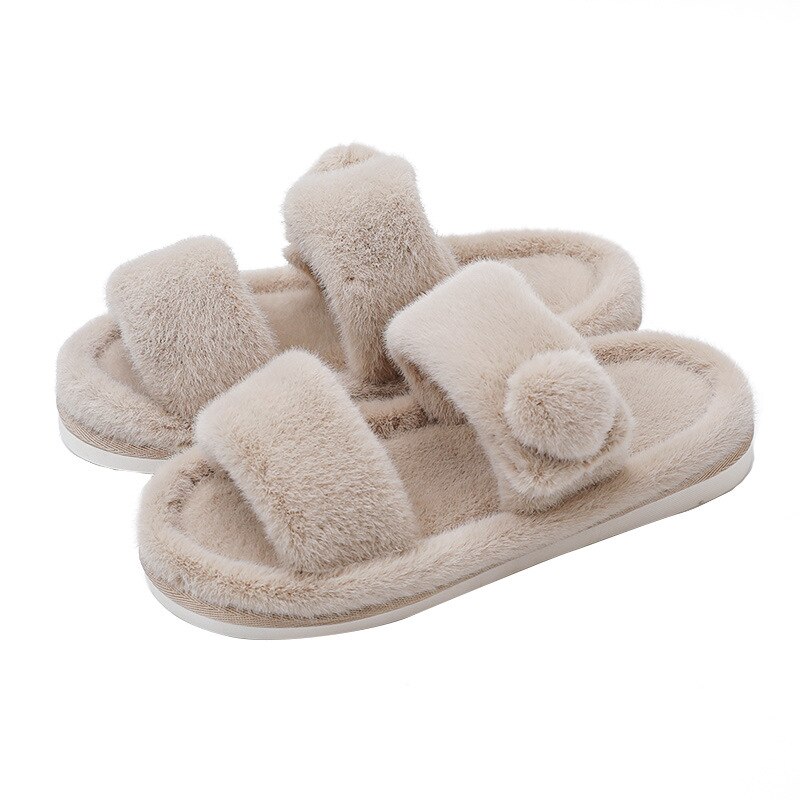 Winter Huis Effen Bont Slippers Voor Vrouwen Slaapkamer Warm Pluche Dames Platte Schoenen Comfortabele Indoor Vrouwen Furry Slipers: Beige / 38