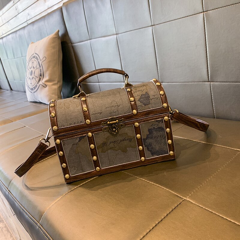 World map treasure chest Women Bags Leather Patchwork Embroidery Handbag Girl Shoulder Bags Cross Body Messenger Bag Female Tote: Gray