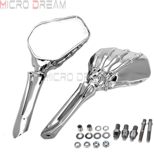 Aluminum Motorcycle Rear View Side Mirrors For Harley Chopper Bobber Fat Boy Cruiser Custom Skeleton Hand Claw Mirror: Chrome