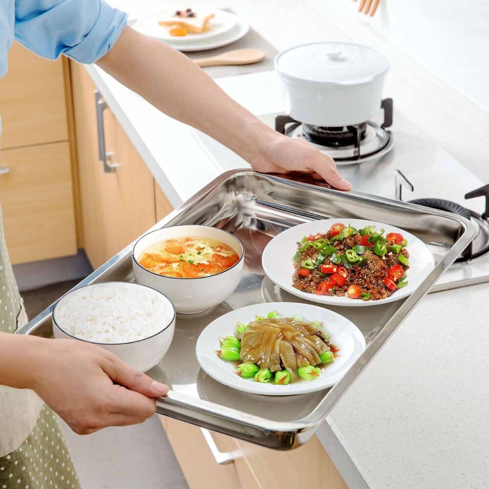 OTHERHOUSE Stainless Steel Serving Plate Dumpling Dish Rectangle Vegetable Fruit Tray Baking Cooking Restaurant Plates Tableware