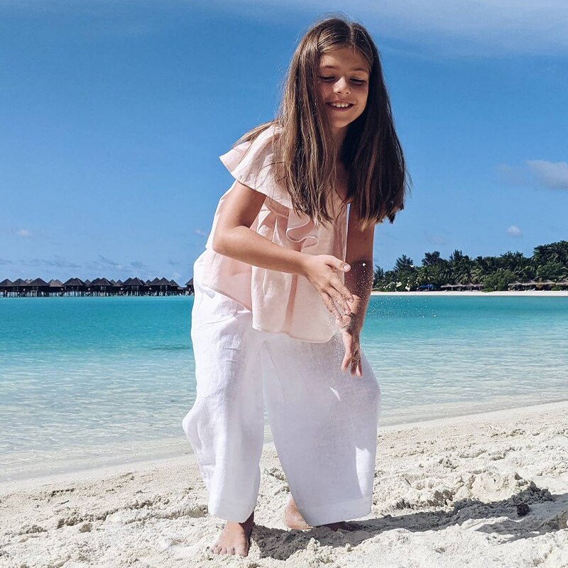 Pantaloni da ragazza in cotone e lino primavera ed estate sottile spiaggia ragazza Casual tasche dritte pantaloni di lino per le vacanze TZ041