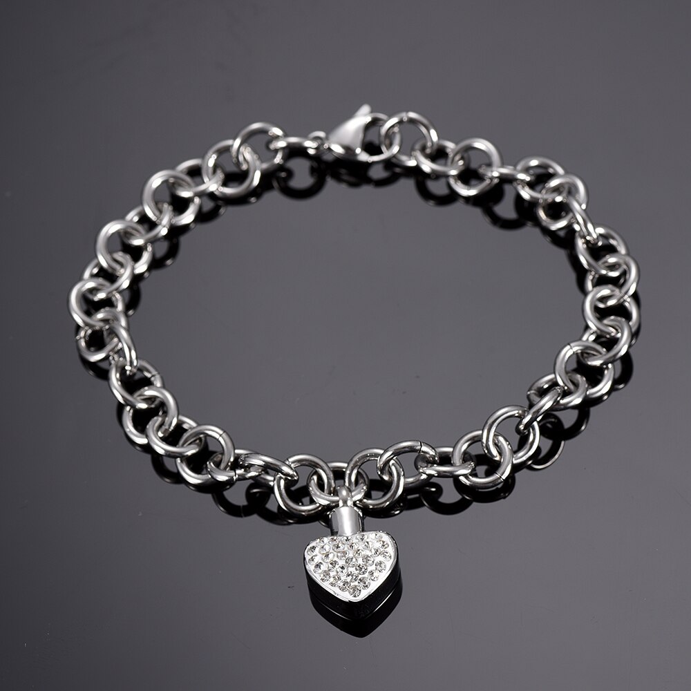 Ijb 5105 kleine kristallen hart urn bedel armband voor vrouwen roestvrij staal o-vormige ketting crematie armband ashouder