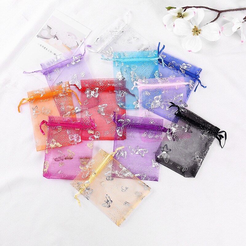 100 teile/los Schmetterling Organza Tasche Weihnachten Hochzeit Schleier Tasche Schmuck Verpackung Kordel tasche Dekoration Lagerung Tasche