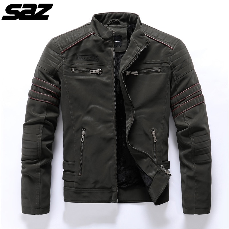 Saz män broderi dödskalle motorcykel skinnjackor biker läder kappa vinter varm casual jacka för män