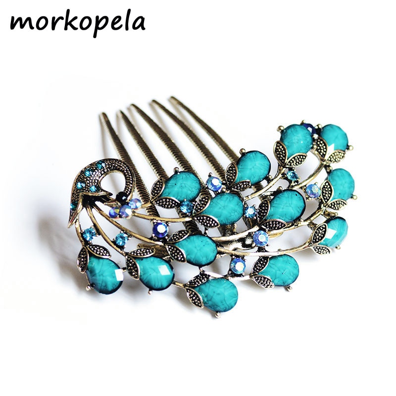Morkopela vintage pavão pente de cabelo jóias bronze antigo metal grampo de cabelo hairpins mulheres banquete acessórios para o cabelo