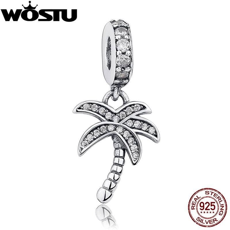 WOSTU Echt 925 Sterling Silber Funkelnden Palme Baum Charme Mit Klaren CZ passen Original Armbinde Anhänger Authentische Schmuck