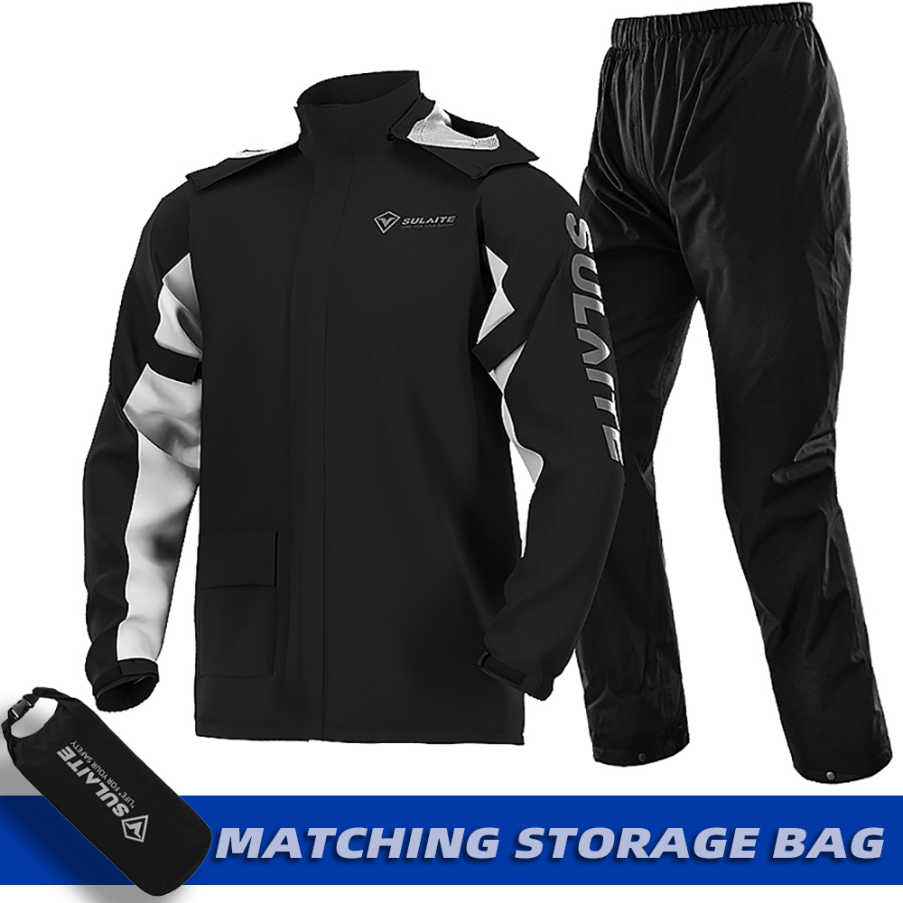 SULAITE Waterproof Motorcycle Rain Suit Raincoat+Rain Pants Poncho Motocross Rain Jacket Motorbike Scooter Riding Rain Suit: BLACK / M