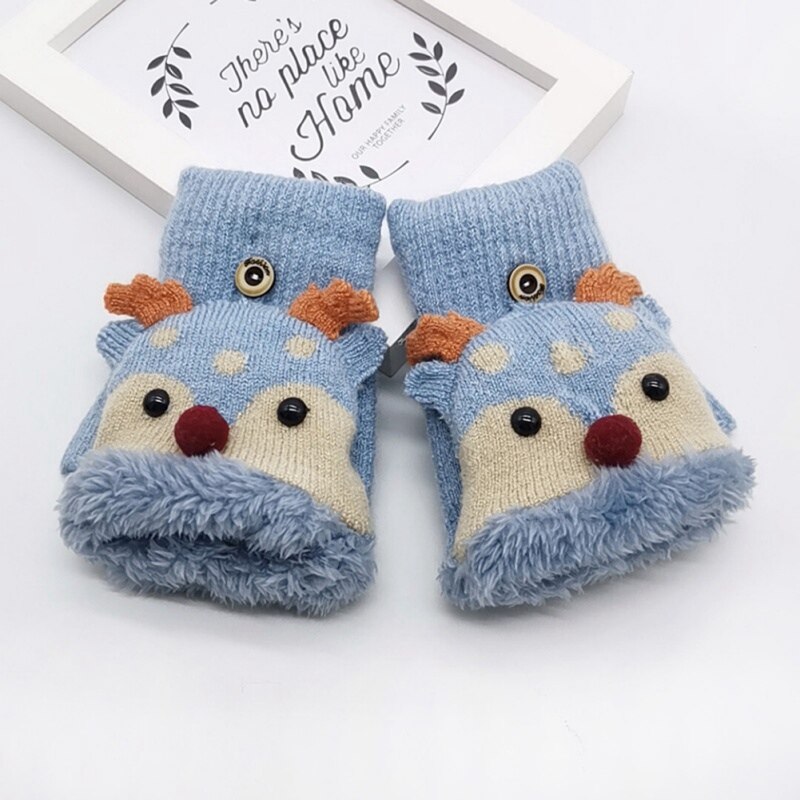 freundlicher Handschuhe freundlicher Baby Winter Strick Verdicken Nette Karikatur Hirsch Vielseitig Baumwolle halb-Finger Handschuhe Fäustlinge Warme 4-8Y Neue: L