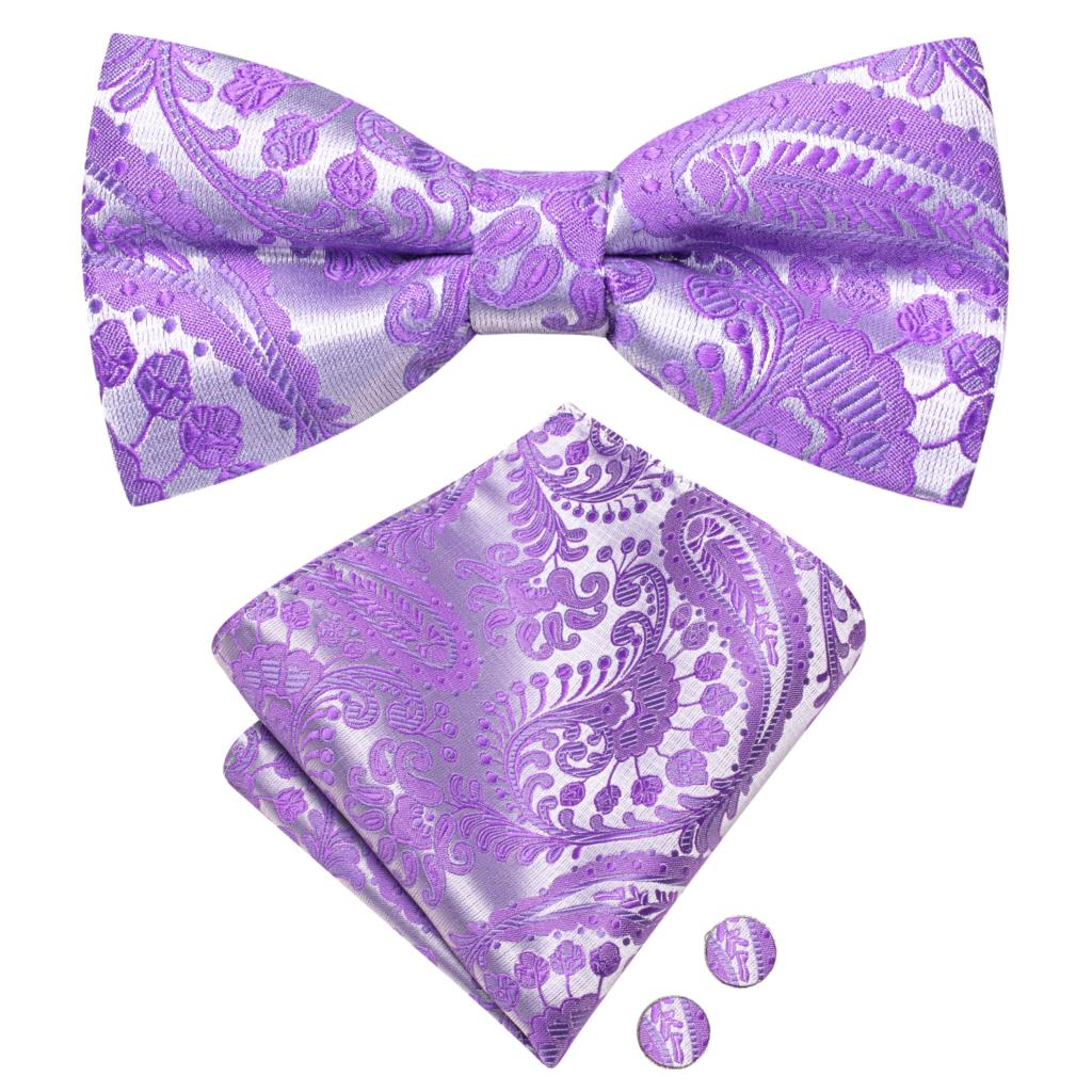 Gravata borboleta de nó masculino, Conjunto Hanky Cuffs, Pré-amarrado, Roxo, Lilás, Lavanda, Pansy, Violeta, Seda, Casamento, Negócios