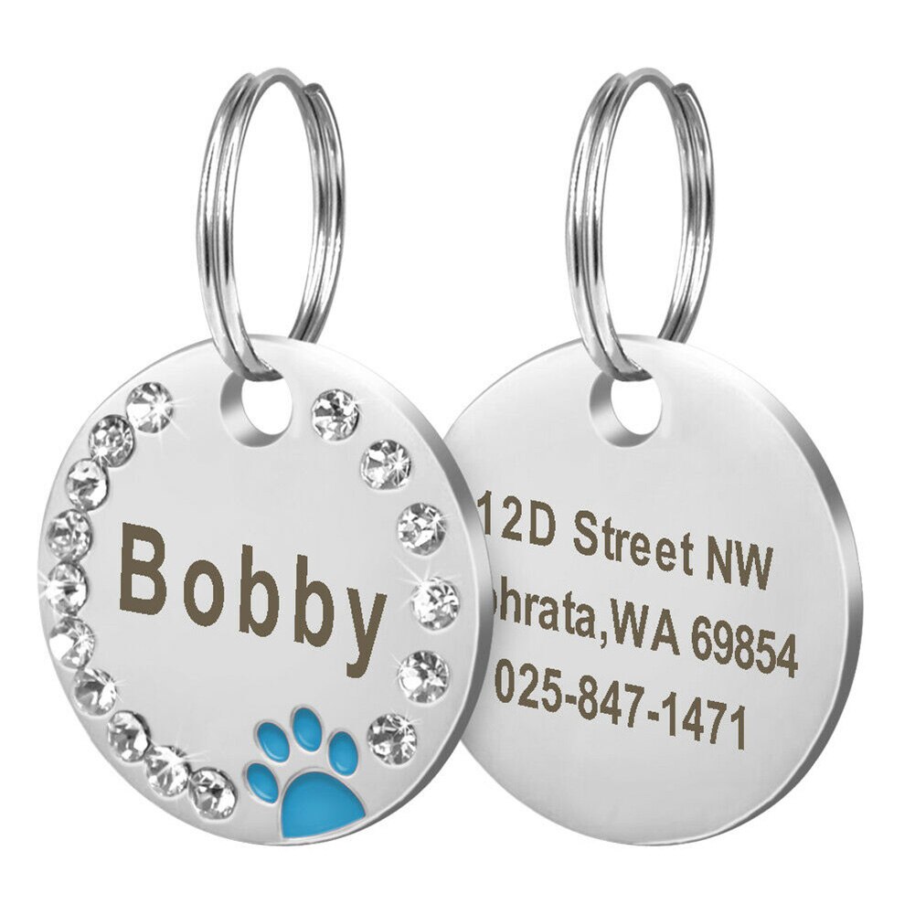 Placa de identificación de perro en blanco DIY, 25mm, accesorios para Collar de perro mascota, identificación de gato, etiqueta de identificación de acero inoxidable, etiquetas de nombre de pata de hueso antipérdida: Azul