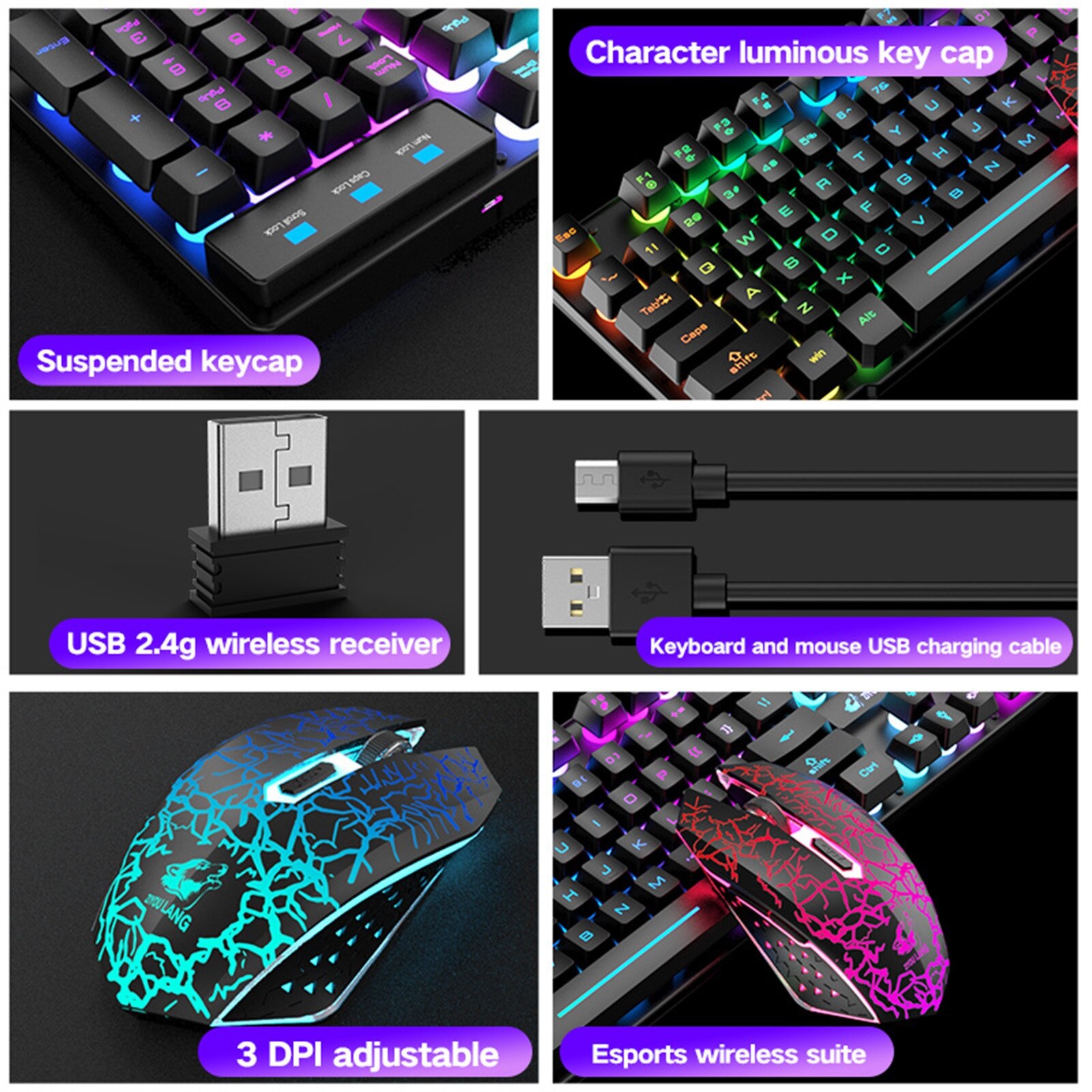 Juego de teclado y ratón inalámbricos para videojuegos, impermeable, a prueba de polvo, retroiluminación LED arcoíris, ergonómico, recargable, ratón de 2400DPI