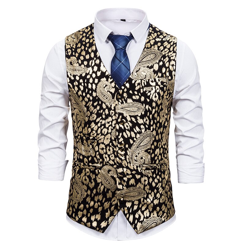 Mens Gold Silver Leopard Print Vest Paisley Flower Metallic Suit Waistcoat Male Prom Party Disco Dress Vest Tuxedo Gilet Homme: Gold / M