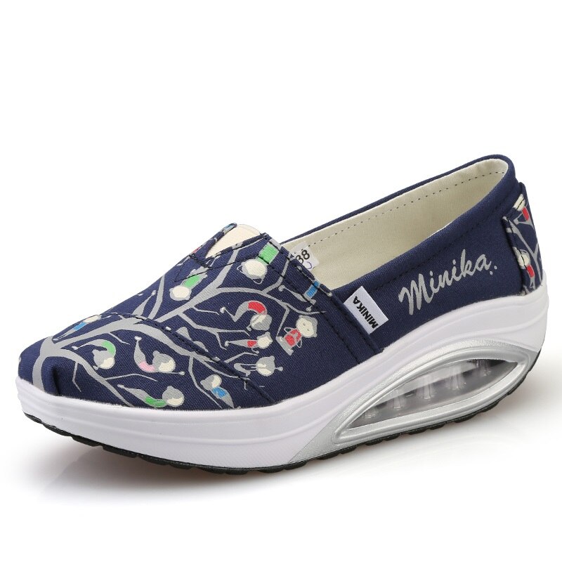 Minika Fitness Shoes Women Sport Swing Wedges Platform Zapatos Mujer Canvas Trainers Loss Weight Feminino Toning Shoes: Black / 7.5
