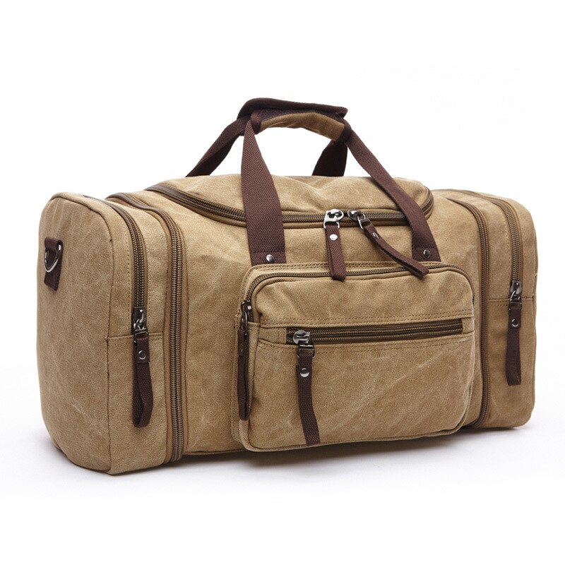 Large Capacity Men Hand Luggag Travel Bag Canvas Weekend Shoulder Bags for men Travel Bags Multifunctional Overnight Duffel Bag: Khaki