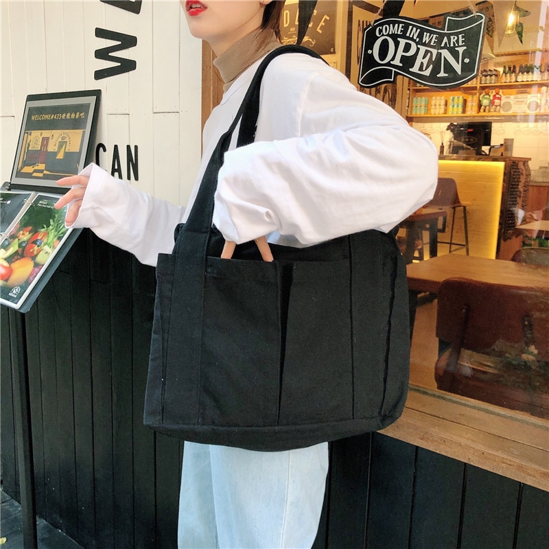 Ins lazy wind multi-pocket canvas bag large capacity commuter single shoulder tote bag female student large tote