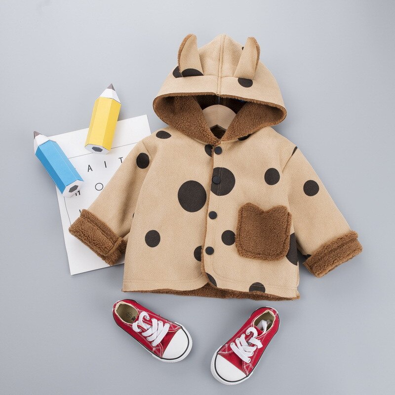 F Autumn Winter Ears Hooded Jacket for Newborn Baby Warm Coats Outerwear Childrens Boy Girls Polka Dot Clothes Jackets 0-3T