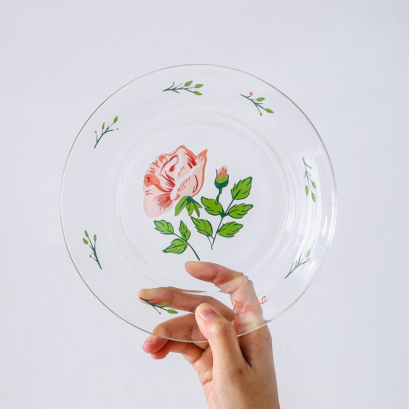 Glass Plate Floral Diner Plate Brand Deep Salad Bowl Ins Glass Bowl Dessrt Snacks Dish