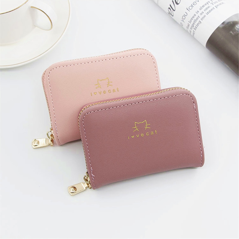 PURDORED 1 Pc Cat Card Holder PU Leather Small Zipper Mini Card Wallet Women Coin Purse Female Business Card Holder Billetera