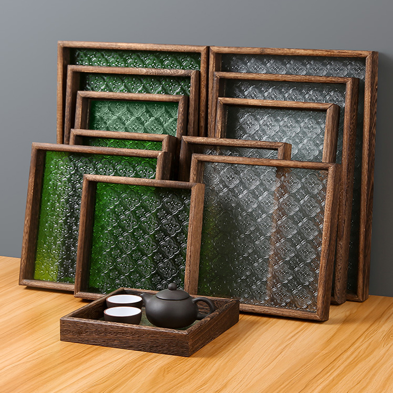 Retro Begonie Blume Tablett Rechteckige Platte Haushalt Holz Dessert Platte Tee Platte Glas Platte Wohnzimmer Desktop Dekoration