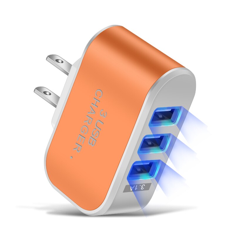 Candy Color 5V 1A US EU Plug 3usb 3 Ports USB Wall Home Charger Adapter For IPhone Samsung OPPO Charging Adapter With Indicator: US Orange