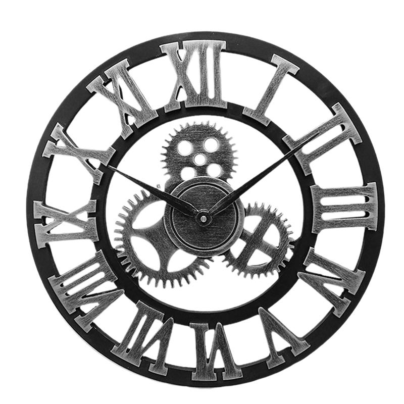 Industriële wandklok romeinse cijfers retro wandklokken industriële stijl huisdecoratie hangende horloge wanddecoratie: Zilver / 30 cm
