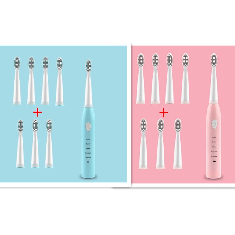 Ultra Schall- Schall- Elektrische Zahnbürste Wiederaufladbare Zahn Pinsel Waschbar Elektronische Bleichen Zähne Pinsel Erwachsene Timer Zahnbürste: Blau Rosa 16Kopf