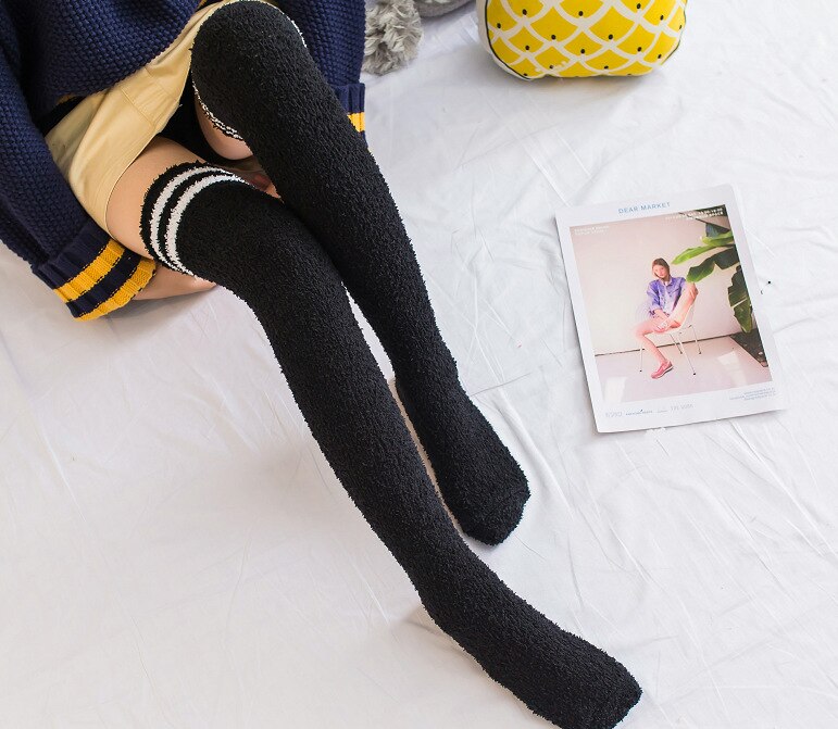 Women's Knee Socks Winter Coral Fleece Knee-socks Long Over Knee Cute Stockings Thick Warm Striped Socks: Black and white stri