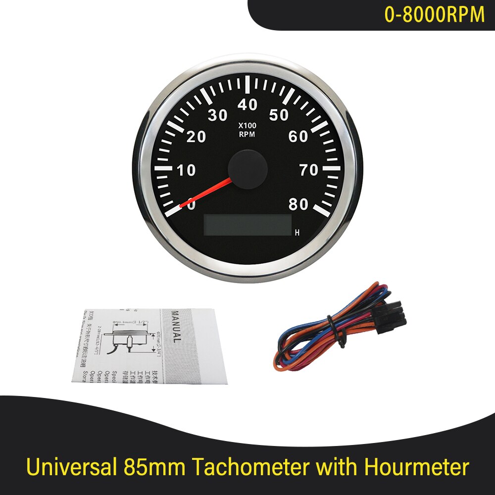 85mm Diesel Engine Tachometer with Digital Hourmeter 3K 4K 6K 7K 8K RPM for Marine Car Truck 9-32V with Red Backlight 12V 24V: 8K-BS