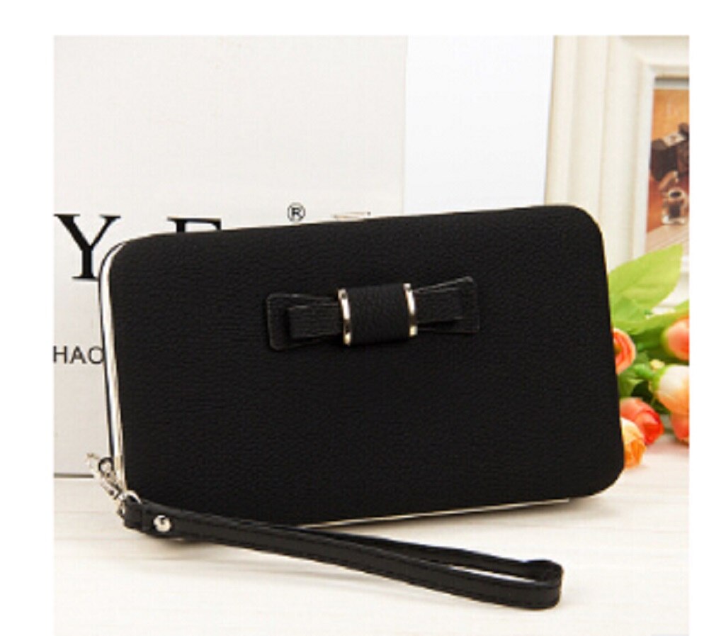 Portemonnee vrouwen Lange Card Hold Boog knoop Grote Capaciteit Lunchbox Mobiel Effen Pocket Purse: Black