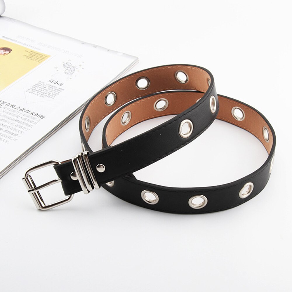 Harajuku Women Punk Chain Belt Adjustable Black Double/Single Eyelet Grommet Metal Buckle Leather Waistband For Jeans: Black No Chain