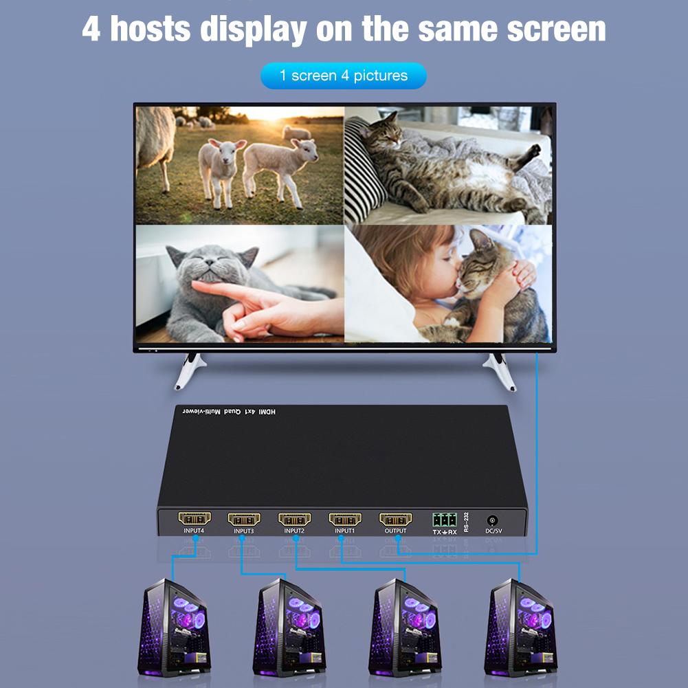4 x 1 quad video switcher multi-viewer video mixer hdmi switch med fjernbetjening 4 in 1 out processor med 5 displaytilstande