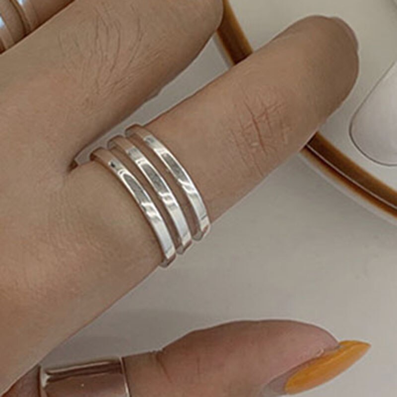 Foxanry 925 Sterling Silver Finger Rings for Women Minimalist Geometric Handmade Width anillos Party Jewelry: Triple layer