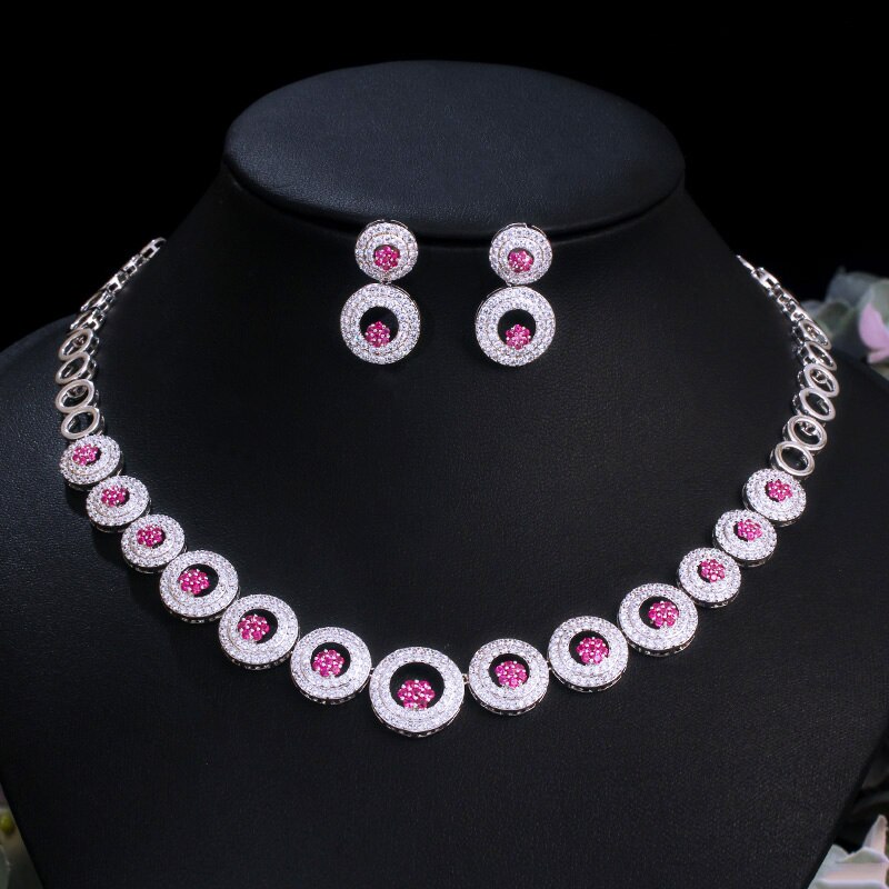 CWWZircons vert cubique Zircon pierre grandes boucles d'oreilles rondes et collier de ensemble de bijoux de mariée accessoires de fête de bal T444: red