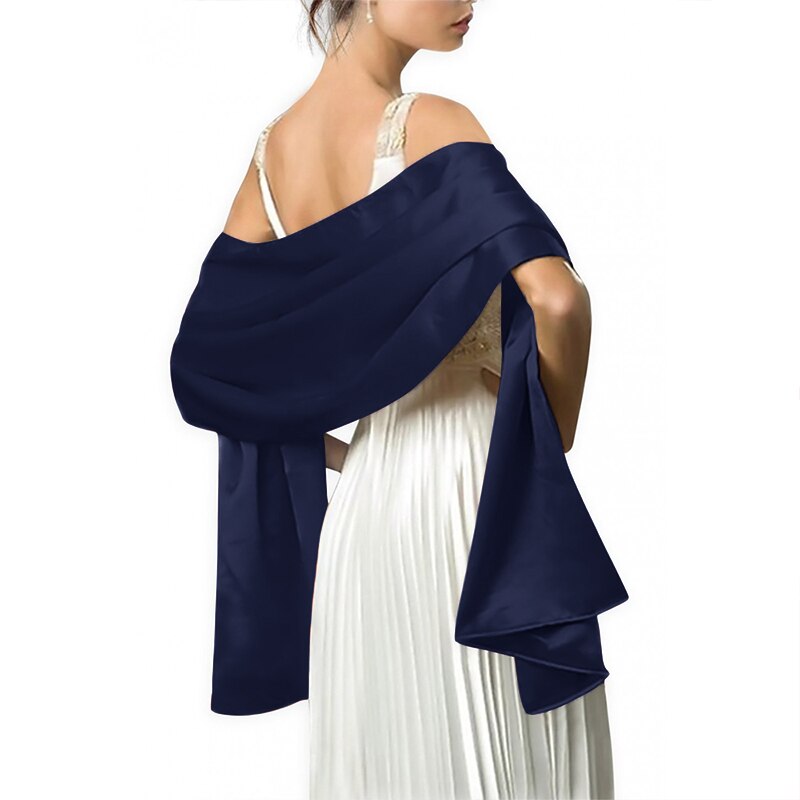 ] Women Long Black Satin Wrap Evening Party Stole Wedding Bridal Bridesmaid Shawl White Navy: Navy