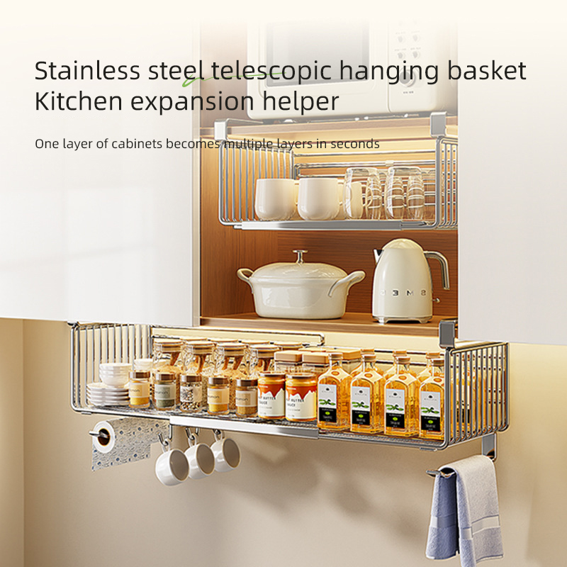 Stainless Steel Retractable Hanging Basket Kitchen Cabinet Desktop Sundries Hanger Hooks Layered Suspension Increase Space Rack