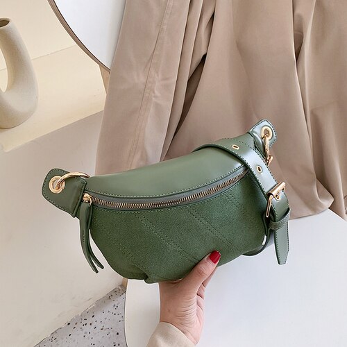 Chain Fanny Pack Banana Waist Bag Brand Belt Bag Women Waist Pack PU Leather Chest Bag Belly Bag Woman Bag: Green