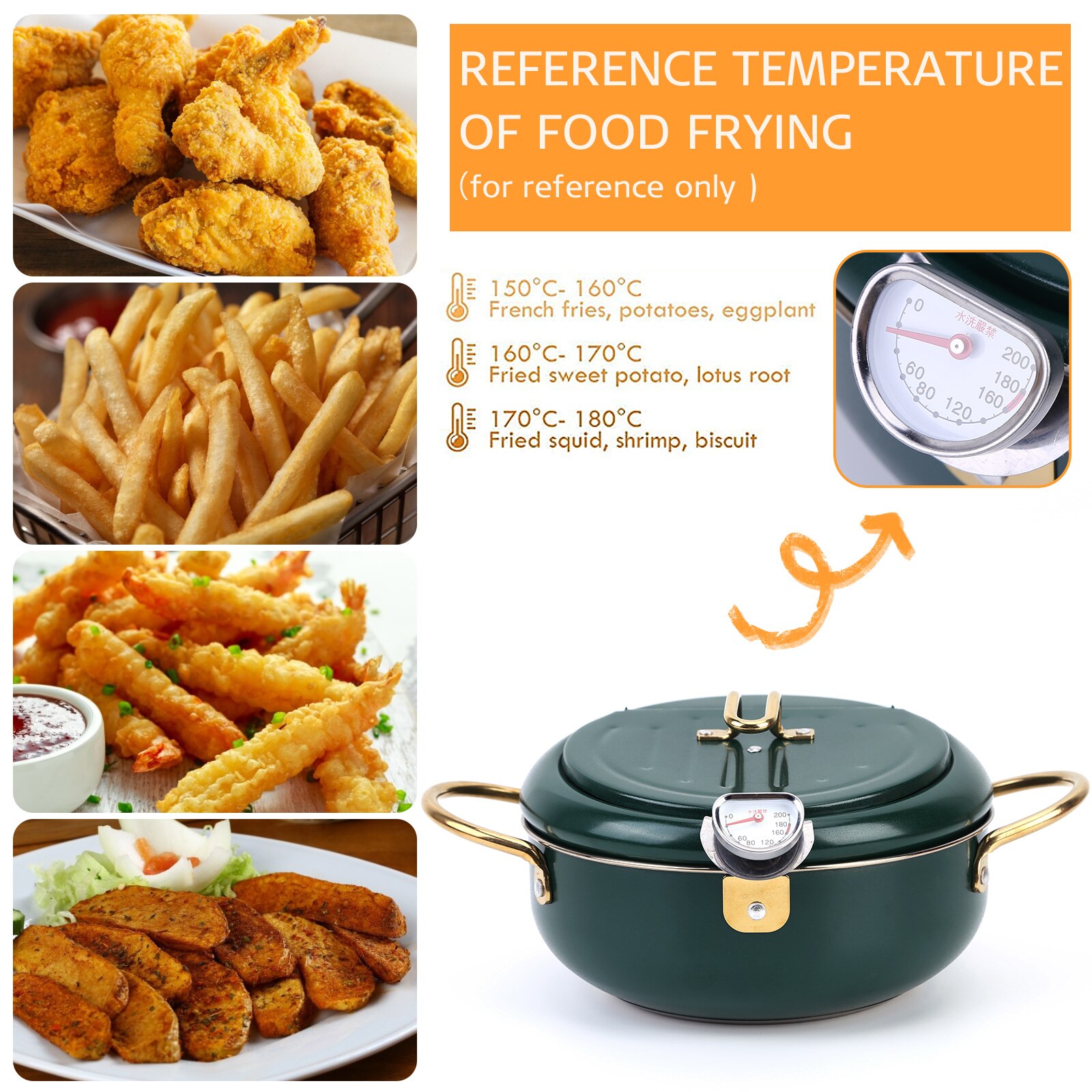 Friteuse Tempura japonaise avec couvercle de thermomètre, égouttoir à huile, en acier inoxydable 304, pour la cuisine