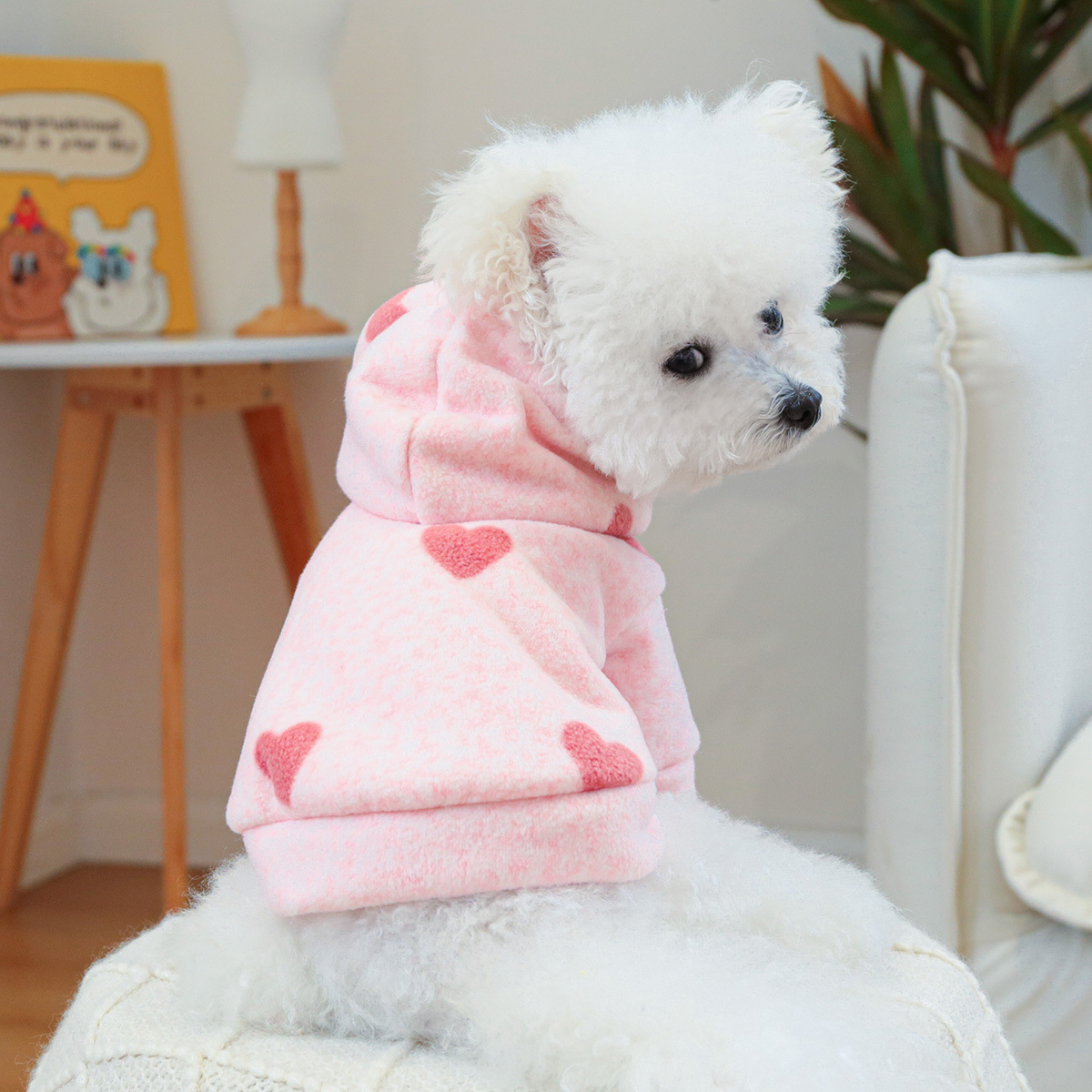 Pet Pink Love Hooded Sweatshirt Little Cat Base Coat Autumn Winter Love Hoodie Jacket Dog Clothes for Small Dogs Puppy Clothes
