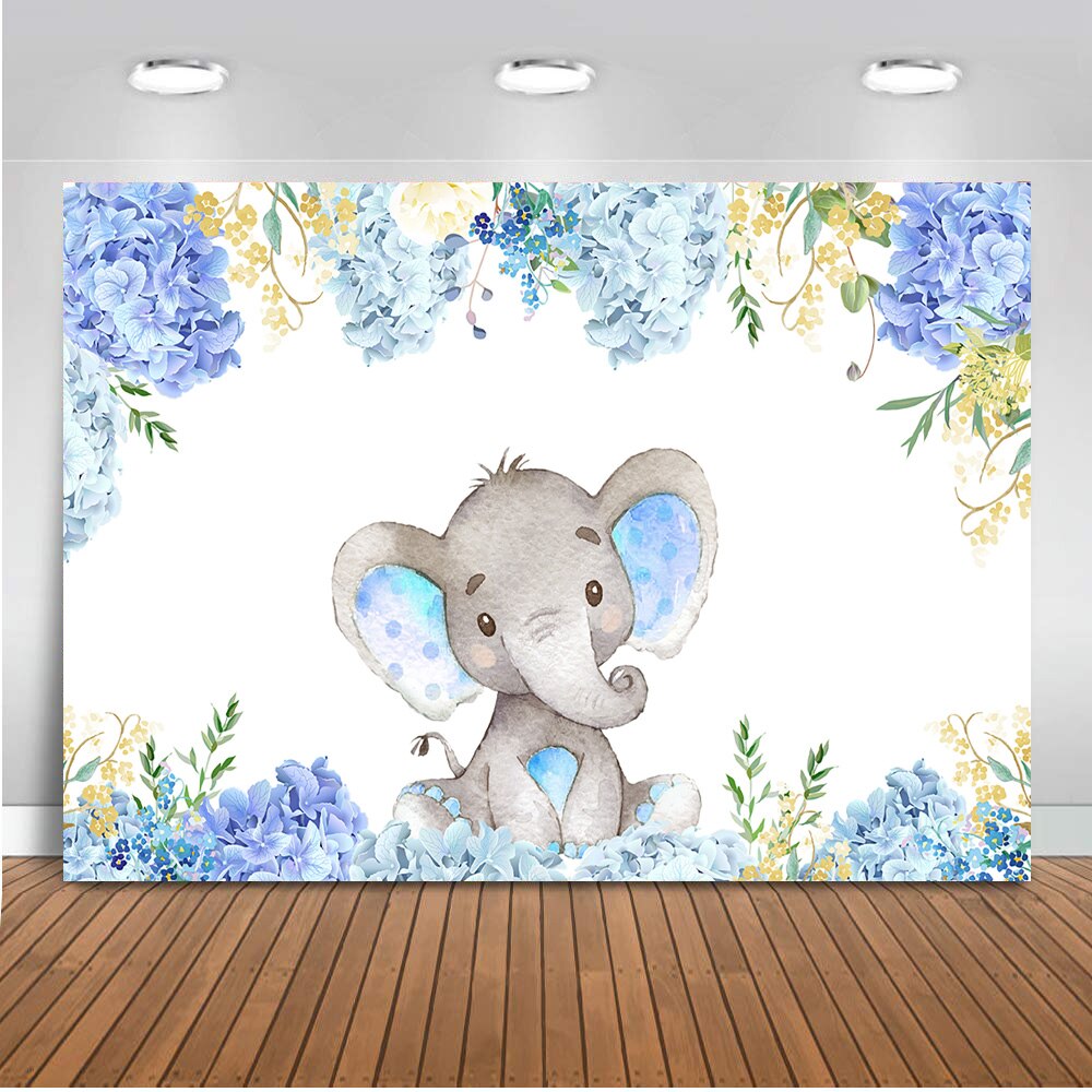 Elephant Theme Photography Backdrop - Blue Floral Baby Shower Birthday Background