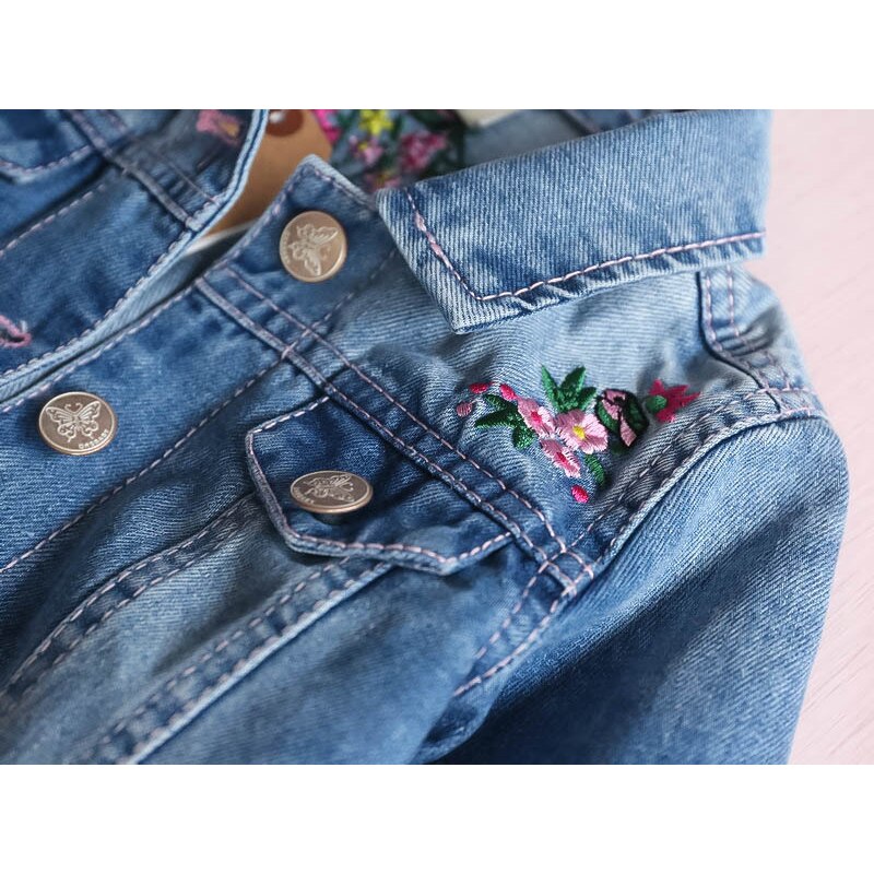 Abrigos de tela vaquera para niña, chaquetas con bordado de flores para niña, ropa vaquera con cuello vuelto, prendas de vestir exteriores para niños de 3 a 9 años, primavera