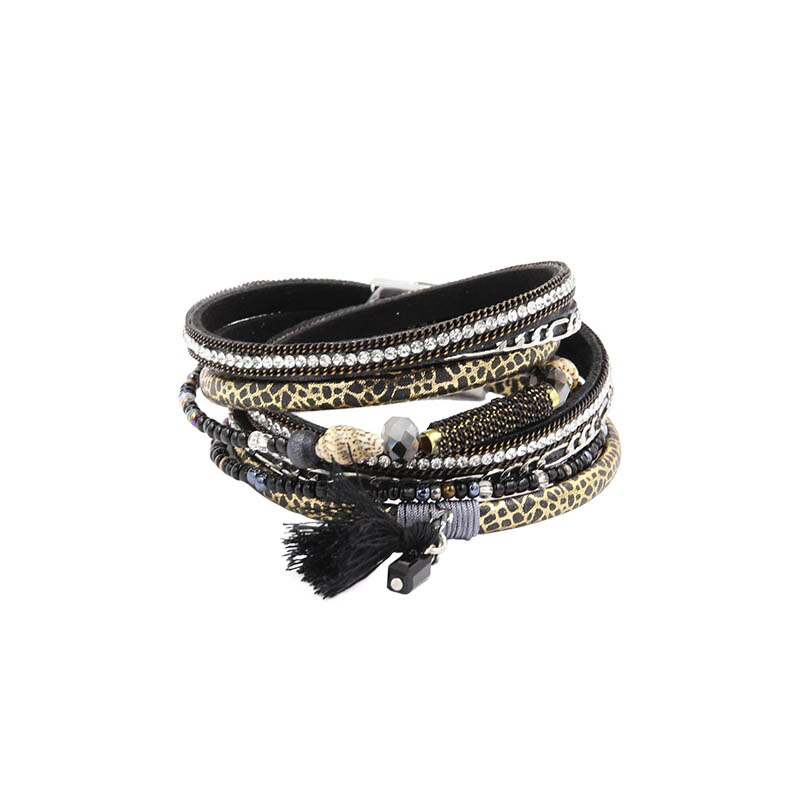 STRATHSPEY PU Leather Bracelets&Bangle For Women Pulseira De Couro Feminine Long Crystal Conch Bead Magnetic Wrap Pulseras Mujer: black