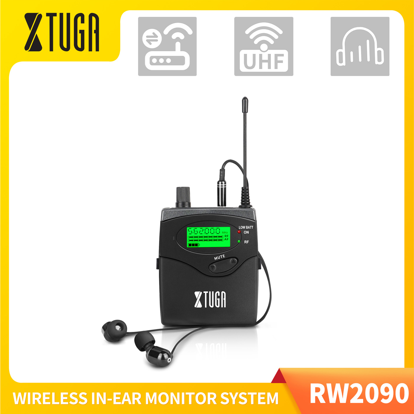 XTUGA RW2090 In Ear Monitor System Singles Bodypack Receiver Monitoring with In Earphone Wireless Metal for Stage