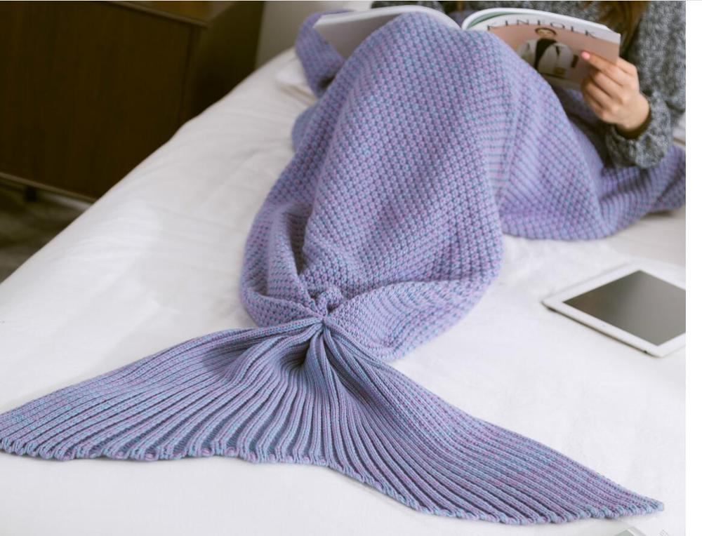 Manta de cola de sirena hilo de punto de ganchillo hecho a mano Memaid manta de los niños a la cama de Super sueño reparador cama: light purple / 70x140cm