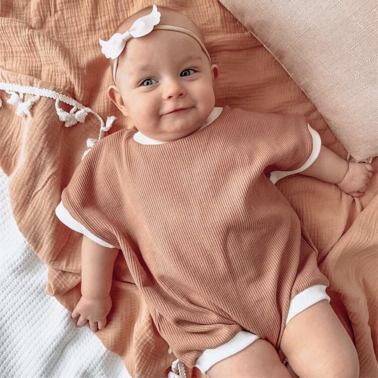 Summer Newborn Baby Rompers Soild Color Jumpsuits Waffle Boys Clothes Girl Cotton Short Sleeve Infant Boys Romper 0-24 Months: Dusty Pink / 66(3-6M)