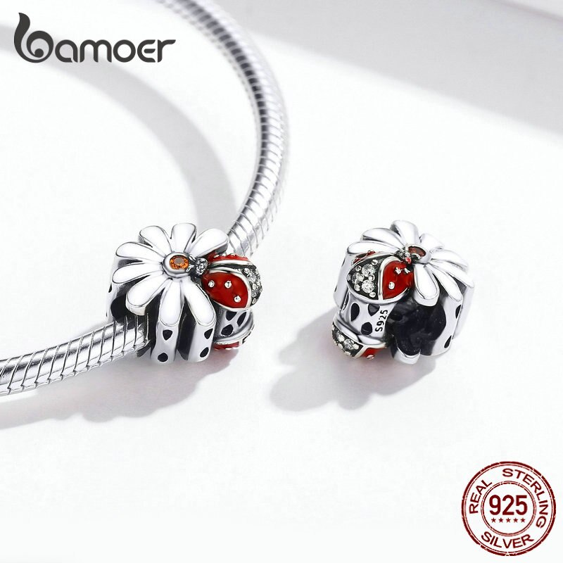 Bamoer Coccinella con il Fiore della Margherita Perline per le Donne 925 sterlina d'argento Fascino Dello Smalto misura Fascino Originale Braccialetto di Gioielli FAI DA TE SCC1276