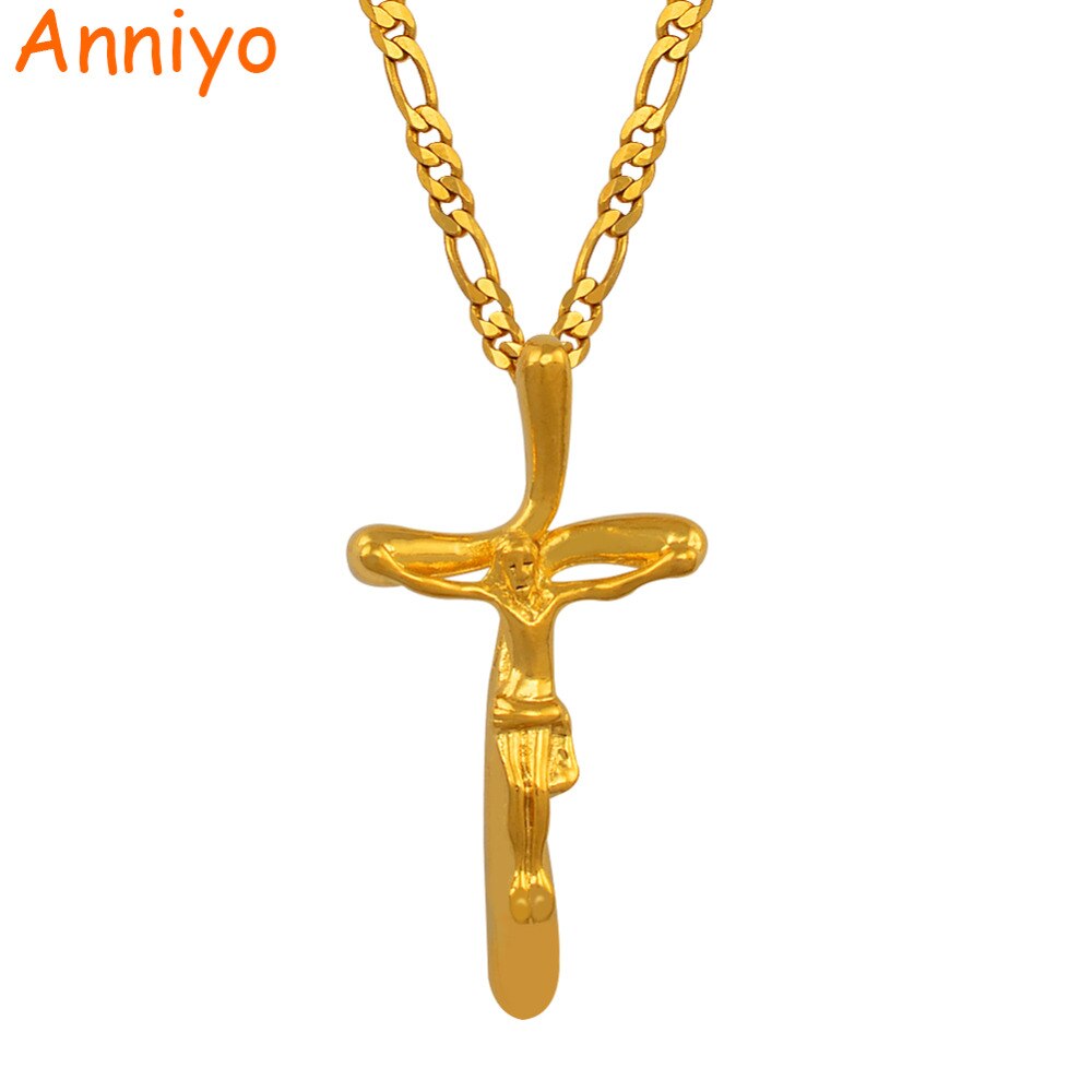 Anniyo Mannen Gouden Kleur Kruis Kettingen Kruisbeeld Hanger Vrouwen Sieraden Mode Jezus Decoratie Jurk #202202